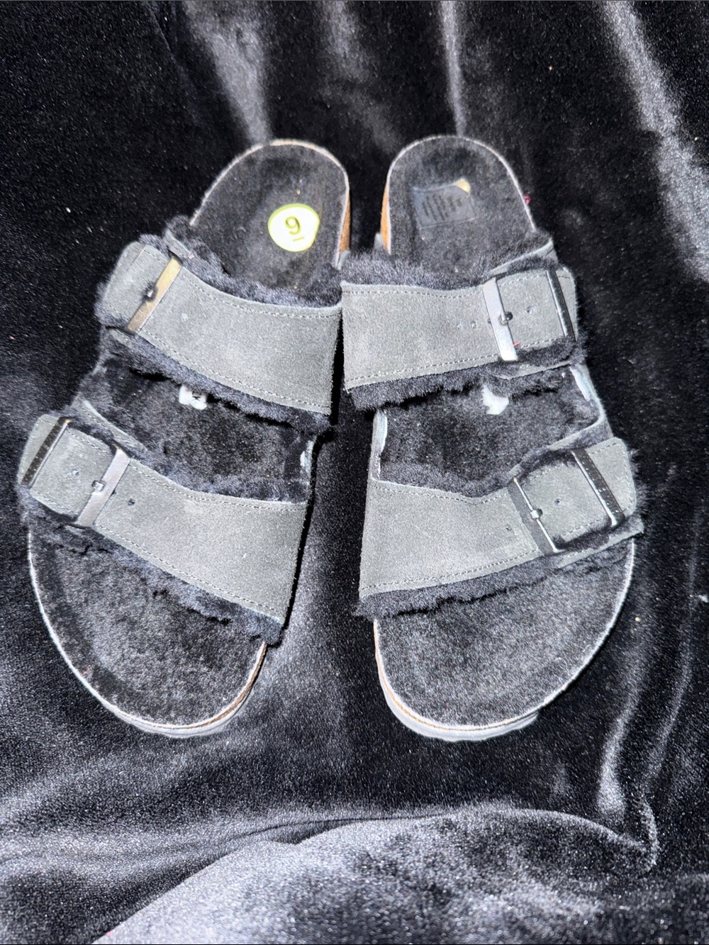 Birkenstock Women’s Black Faux-Shearling Double-Buckle Slide Sandals